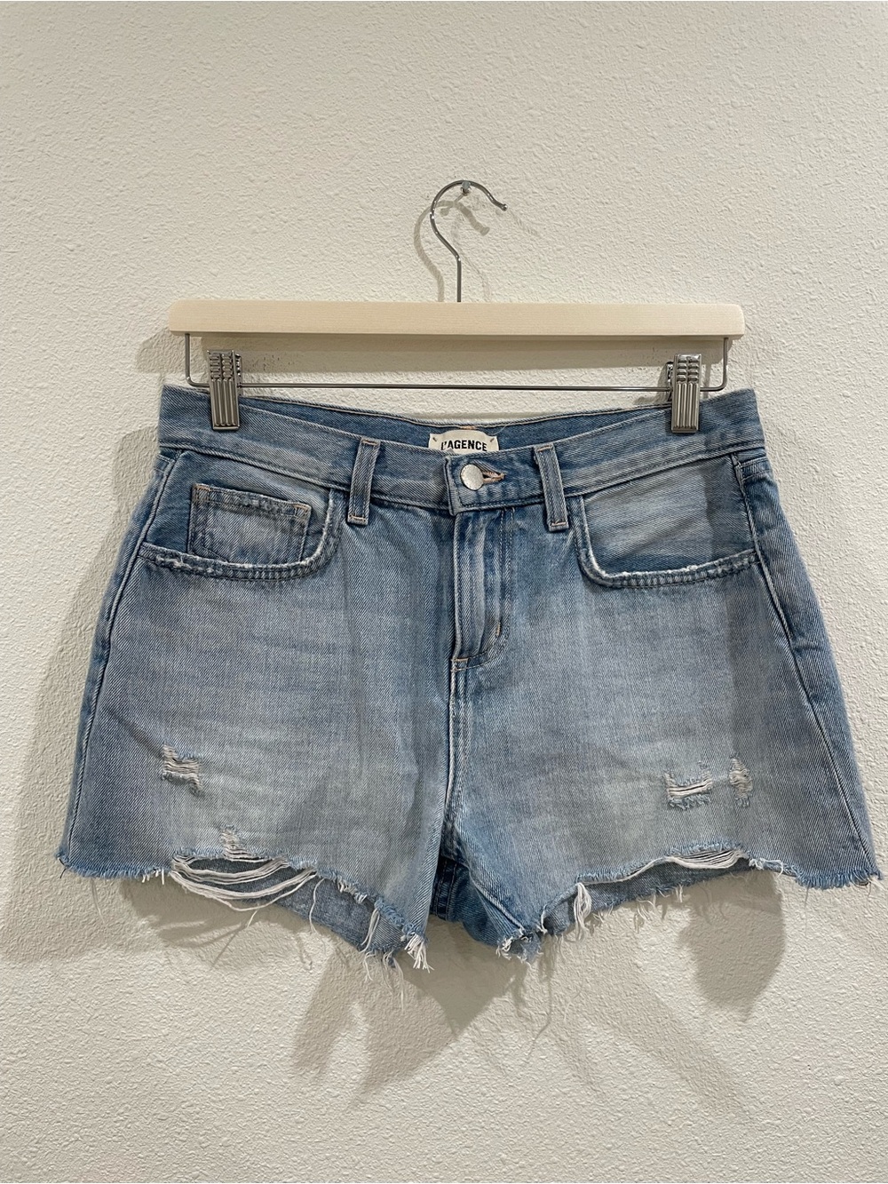 L'AGENCE Light Wash Classic Distressed Denim Jean Shorts 100% Cotton Size 26